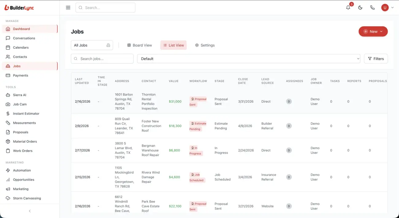 BuilderLync dashboard interface showing CRM, job management, and AI automation features